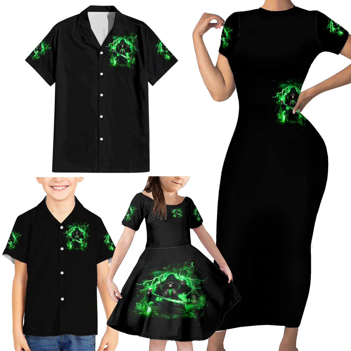 Reaper Skull Family Matching Short Sleeve Bodycon Dress and Hawaiian Shirt That Which Does Not Kill Me Should Run - Wonder Print Shop