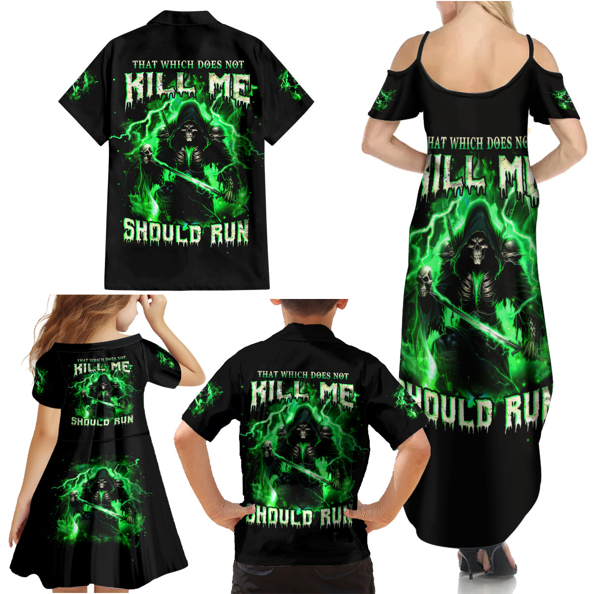 Reaper Skull Family Matching Summer Maxi Dress and Hawaiian Shirt That Which Does Not Kill Me Should Run - Wonder Print Shop