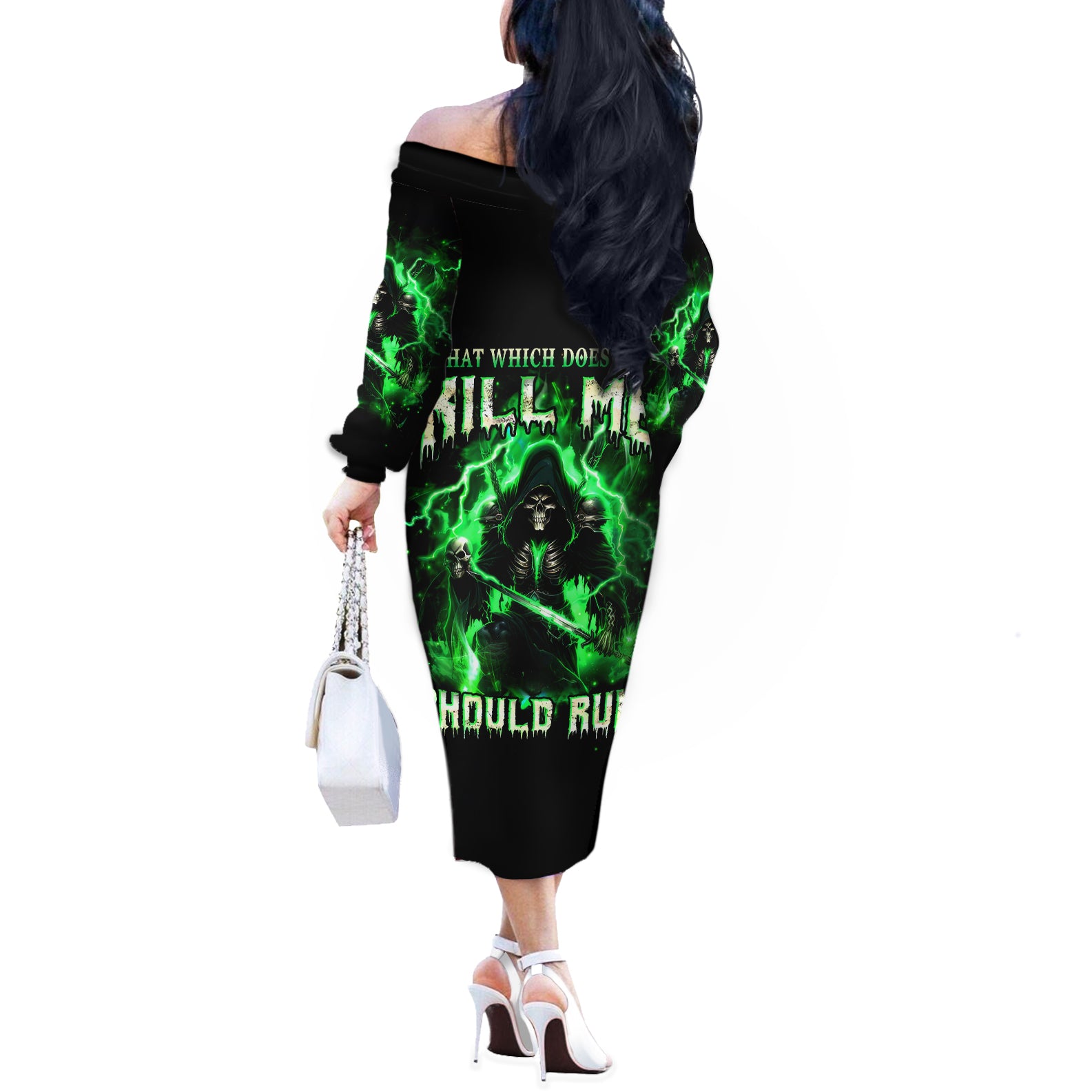 Reaper Skull Off The Shoulder Long Sleeve Dress That Which Does Not Kill Me Should Run - Wonder Print Shop