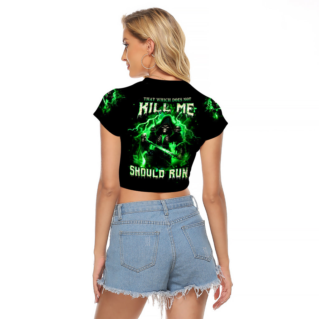 Reaper Skull Raglan Cropped T Shirt That Which Does Not Kill Me Should Run - Wonder Print Shop