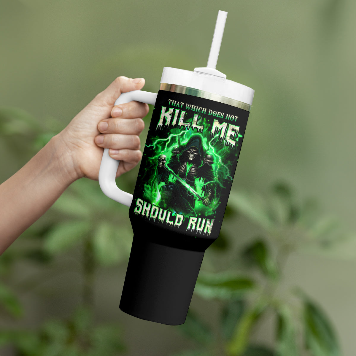 Reaper Skull Tumbler With Handle That Which Does Not Kill Me Should Run - Wonder Print Shop