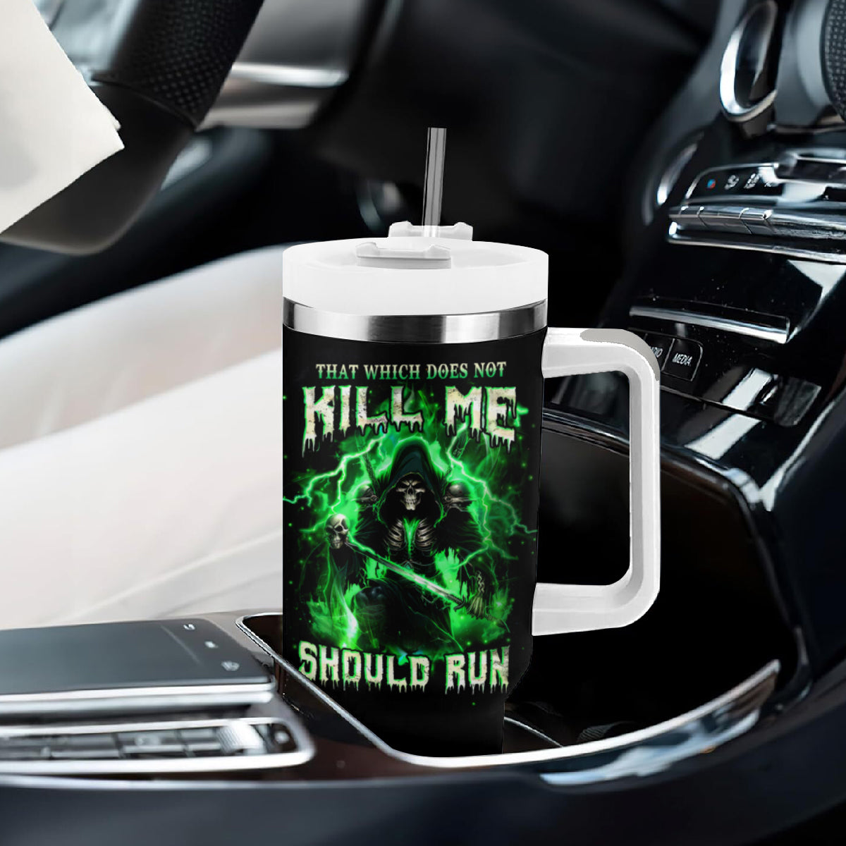 Reaper Skull Tumbler With Handle That Which Does Not Kill Me Should Run - Wonder Print Shop