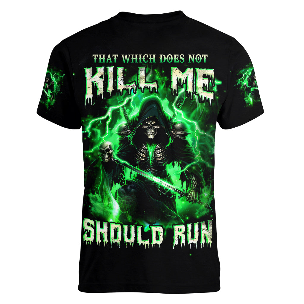 Reaper Skull Women V Neck T Shirt That Which Does Not Kill Me Should Run - Wonder Print Shop