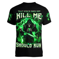 Reaper Skull Women V Neck T Shirt That Which Does Not Kill Me Should Run - Wonder Print Shop