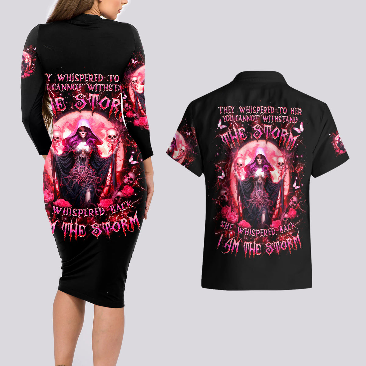Witch Skull Couples Matching Long Sleeve Bodycon Dress and Hawaiian Shirt She Whispered Back Iam The Storm - Wonder Print Shop