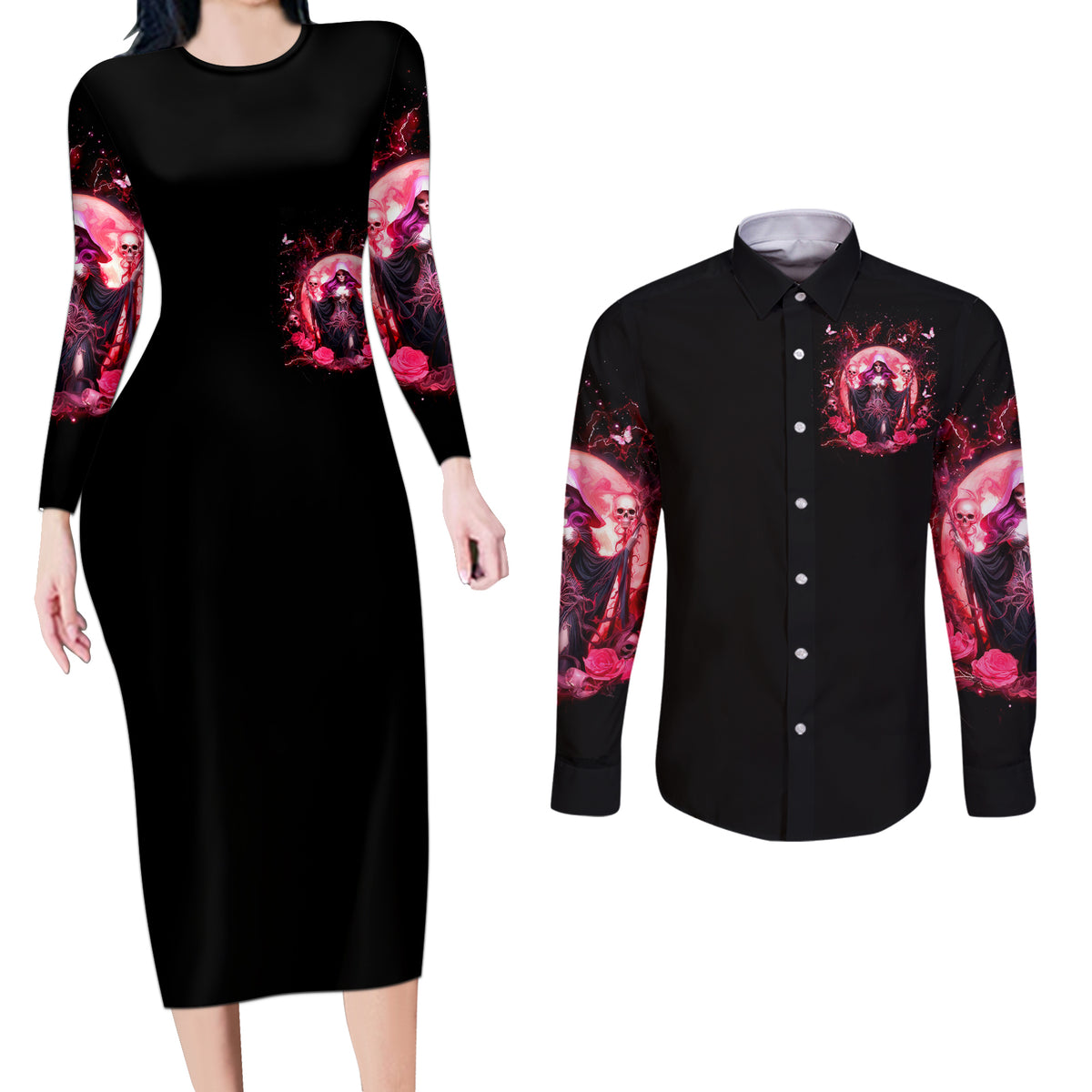Witch Skull Couples Matching Long Sleeve Bodycon Dress and Long Sleeve Button Shirt She Whispered Back Iam The Storm - Wonder Print Shop