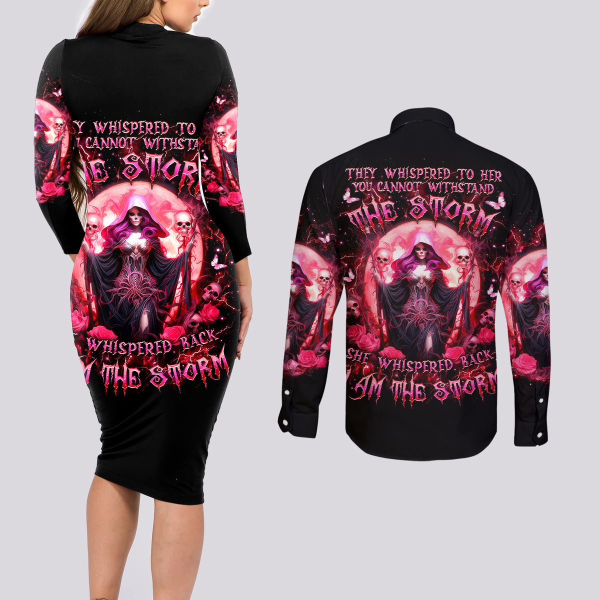 Witch Skull Couples Matching Long Sleeve Bodycon Dress and Long Sleeve Button Shirt She Whispered Back Iam The Storm - Wonder Print Shop