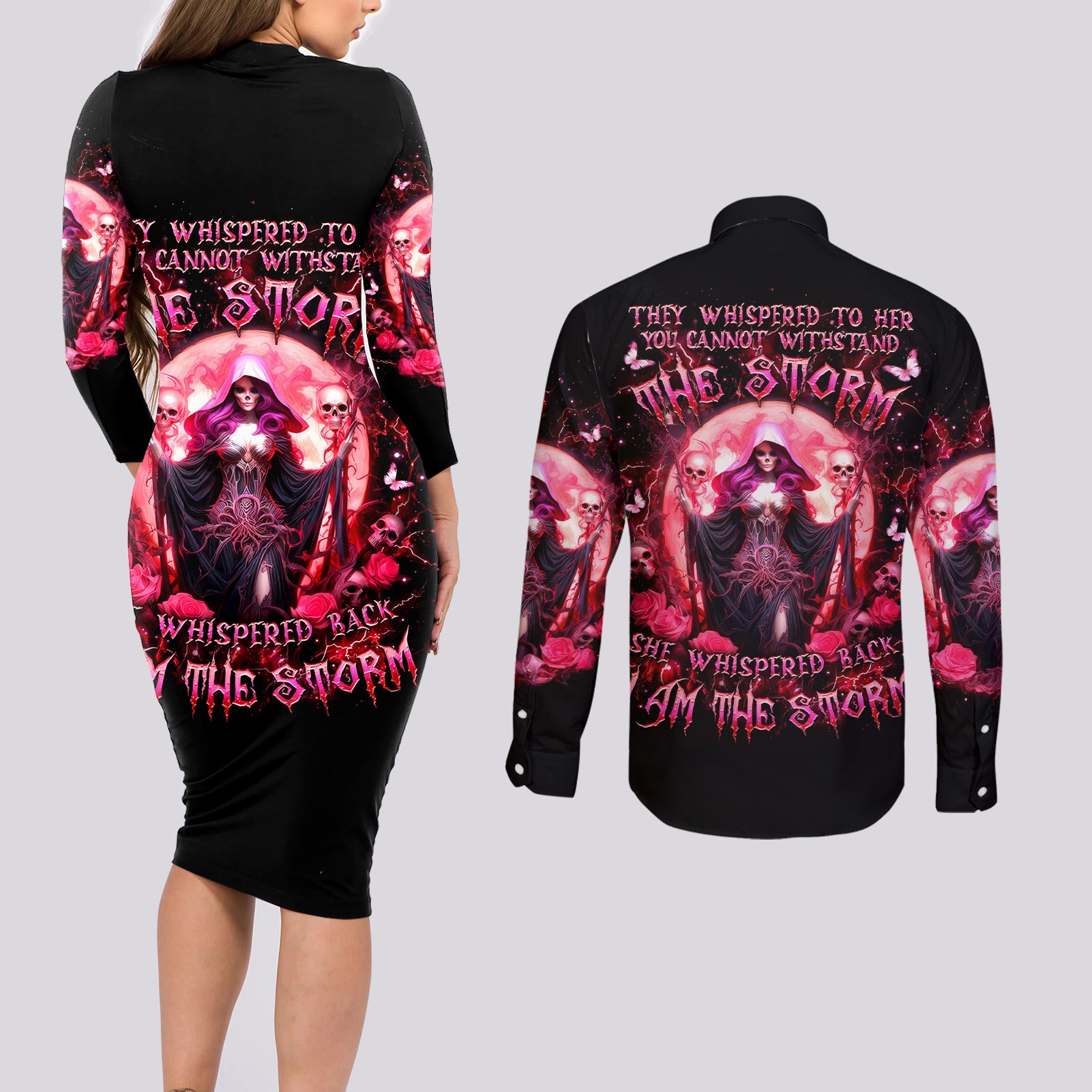 Witch Skull Couples Matching Long Sleeve Bodycon Dress and Long Sleeve Button Shirt She Whispered Back Iam The Storm - Wonder Print Shop