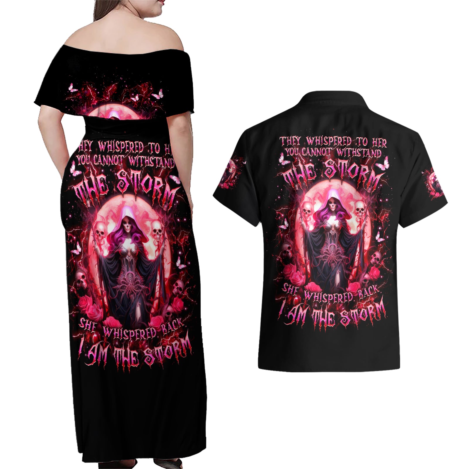 Witch Skull Couples Matching Off Shoulder Maxi Dress and Hawaiian Shirt She Whispered Back Iam The Storm - Wonder Print Shop