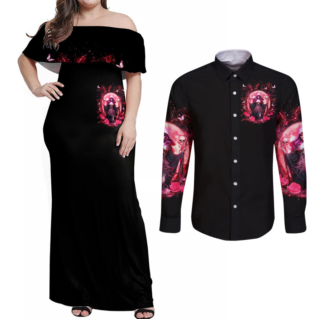 Witch Skull Couples Matching Off Shoulder Maxi Dress and Long Sleeve Button Shirt She Whispered Back Iam The Storm - Wonder Print Shop