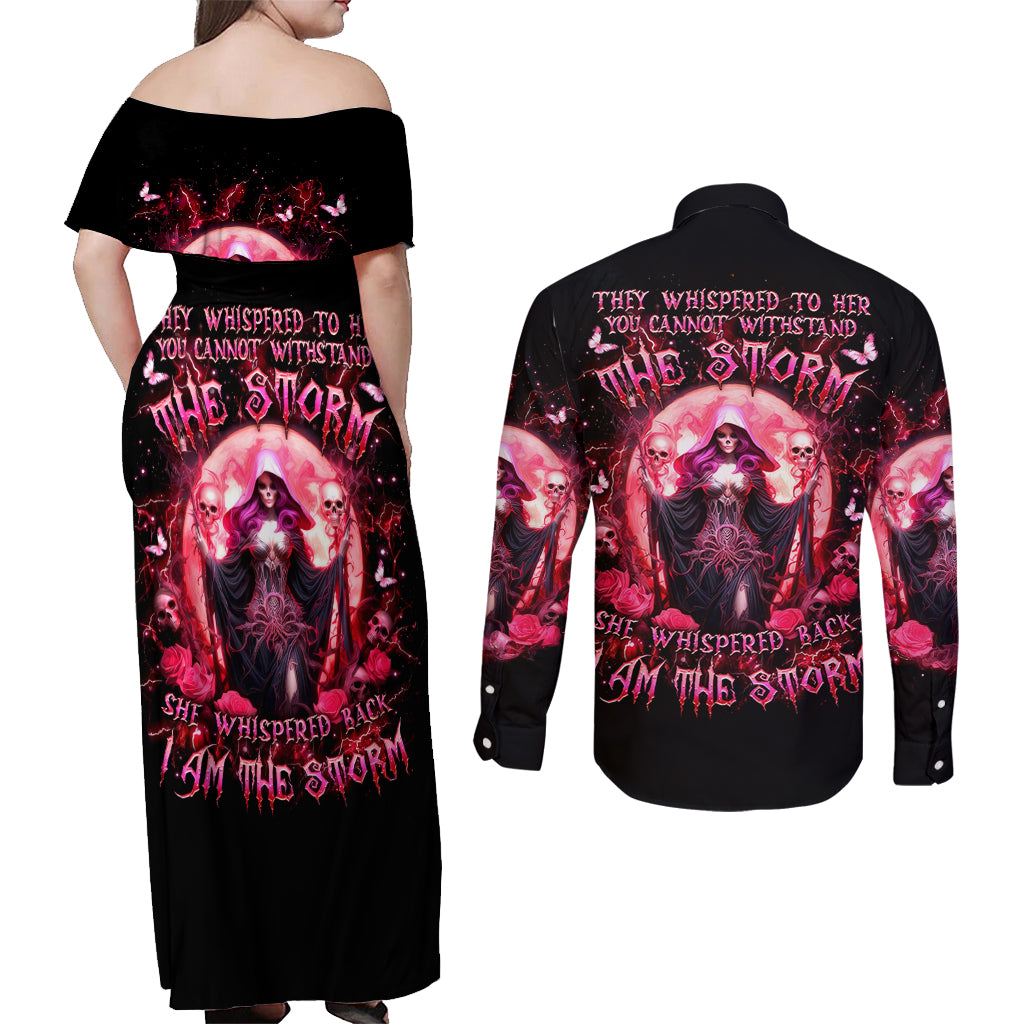Witch Skull Couples Matching Off Shoulder Maxi Dress and Long Sleeve Button Shirt She Whispered Back Iam The Storm - Wonder Print Shop