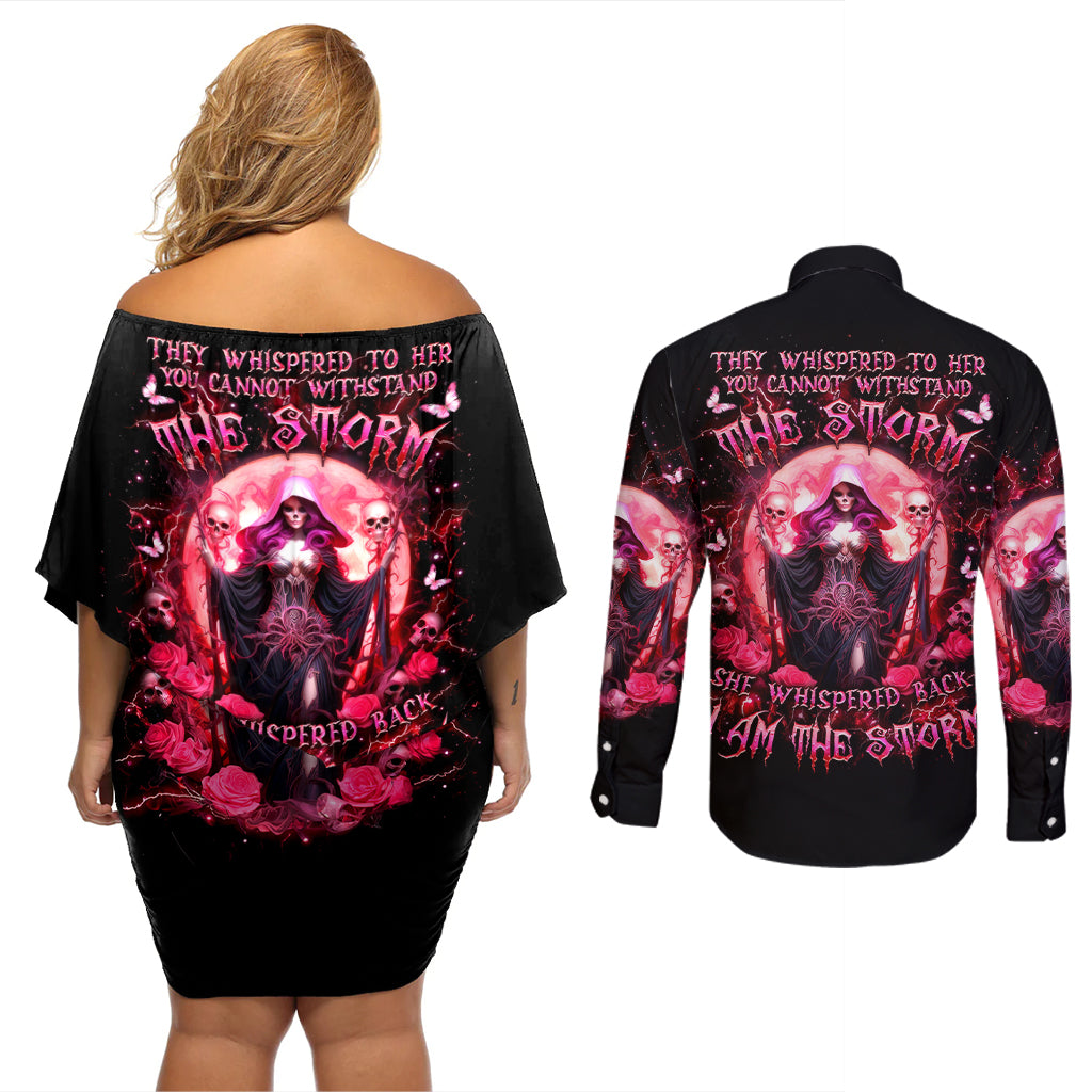 Witch Skull Couples Matching Off Shoulder Short Dress and Long Sleeve Button Shirt She Whispered Back Iam The Storm - Wonder Print Shop