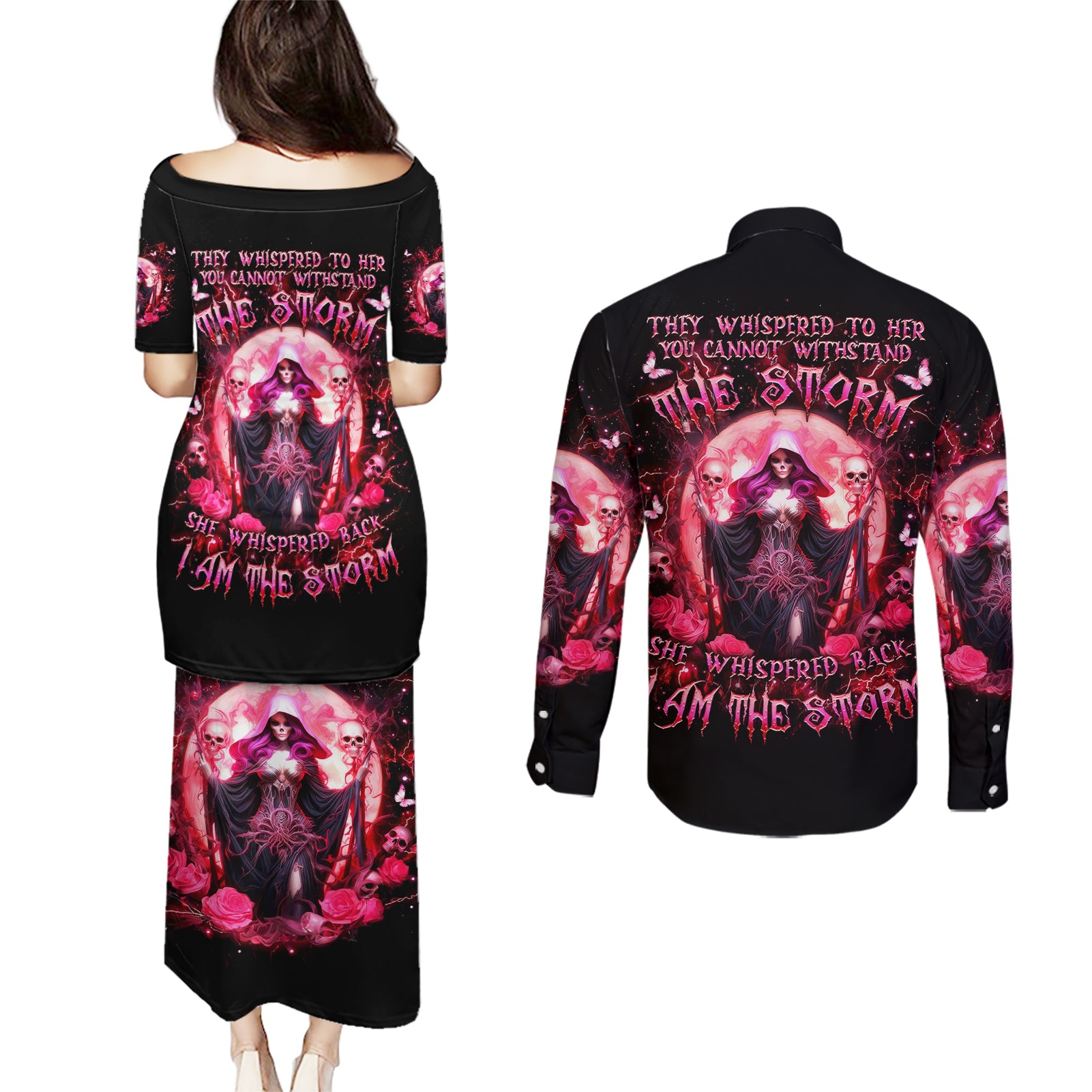 Witch Skull Couples Matching Puletasi and Long Sleeve Button Shirt She Whispered Back Iam The Storm - Wonder Print Shop