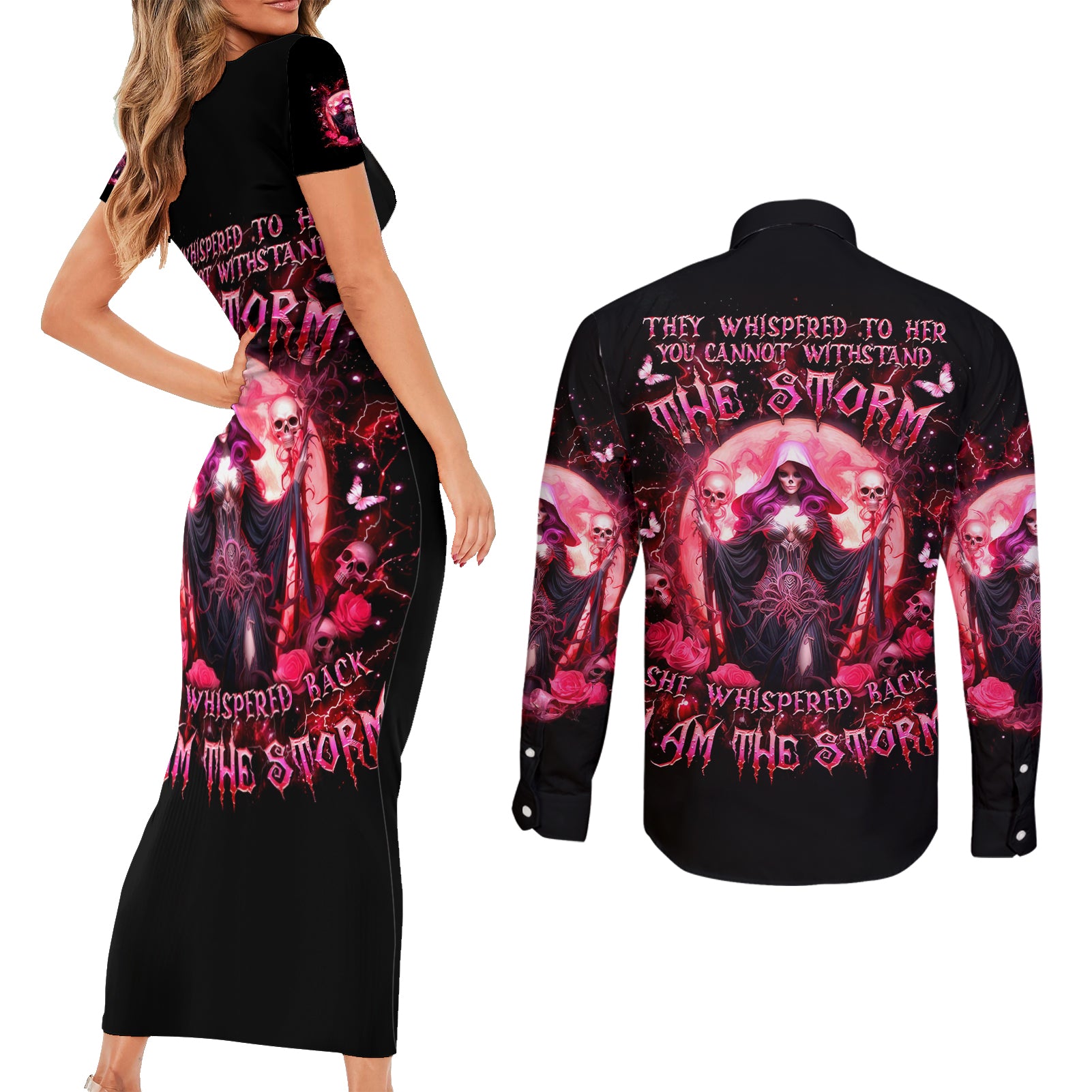 Witch Skull Couples Matching Short Sleeve Bodycon Dress and Long Sleeve Button Shirt She Whispered Back Iam The Storm - Wonder Print Shop