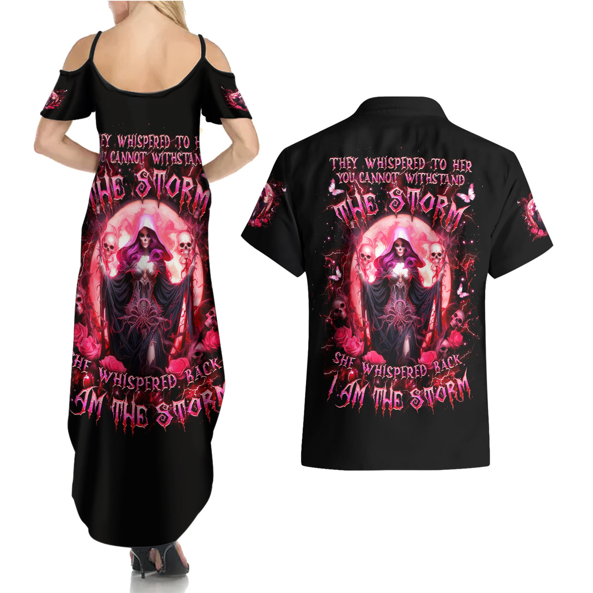 Witch Skull Couples Matching Summer Maxi Dress and Hawaiian Shirt She Whispered Back Iam The Storm - Wonder Print Shop