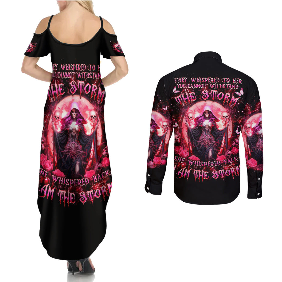 Witch Skull Couples Matching Summer Maxi Dress and Long Sleeve Button Shirt She Whispered Back Iam The Storm - Wonder Print Shop