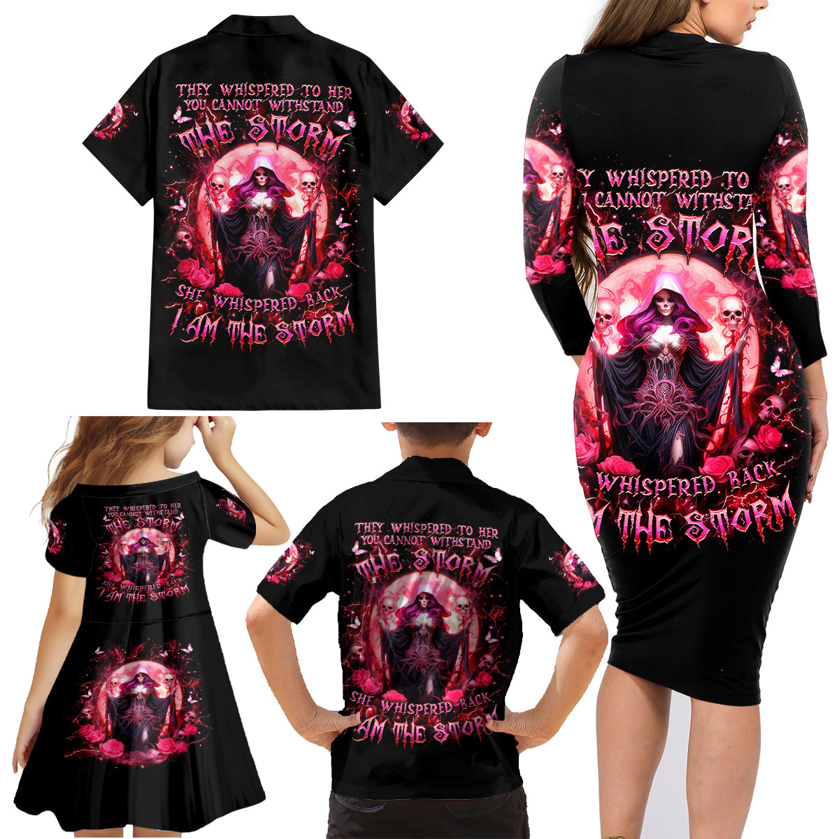 Witch Skull Family Matching Long Sleeve Bodycon Dress and Hawaiian Shirt She Whispered Back Iam The Storm - Wonder Print Shop