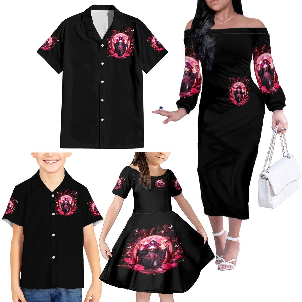 Witch Skull Family Matching Off Shoulder Long Sleeve Dress and Hawaiian Shirt She Whispered Back Iam The Storm - Wonder Print Shop