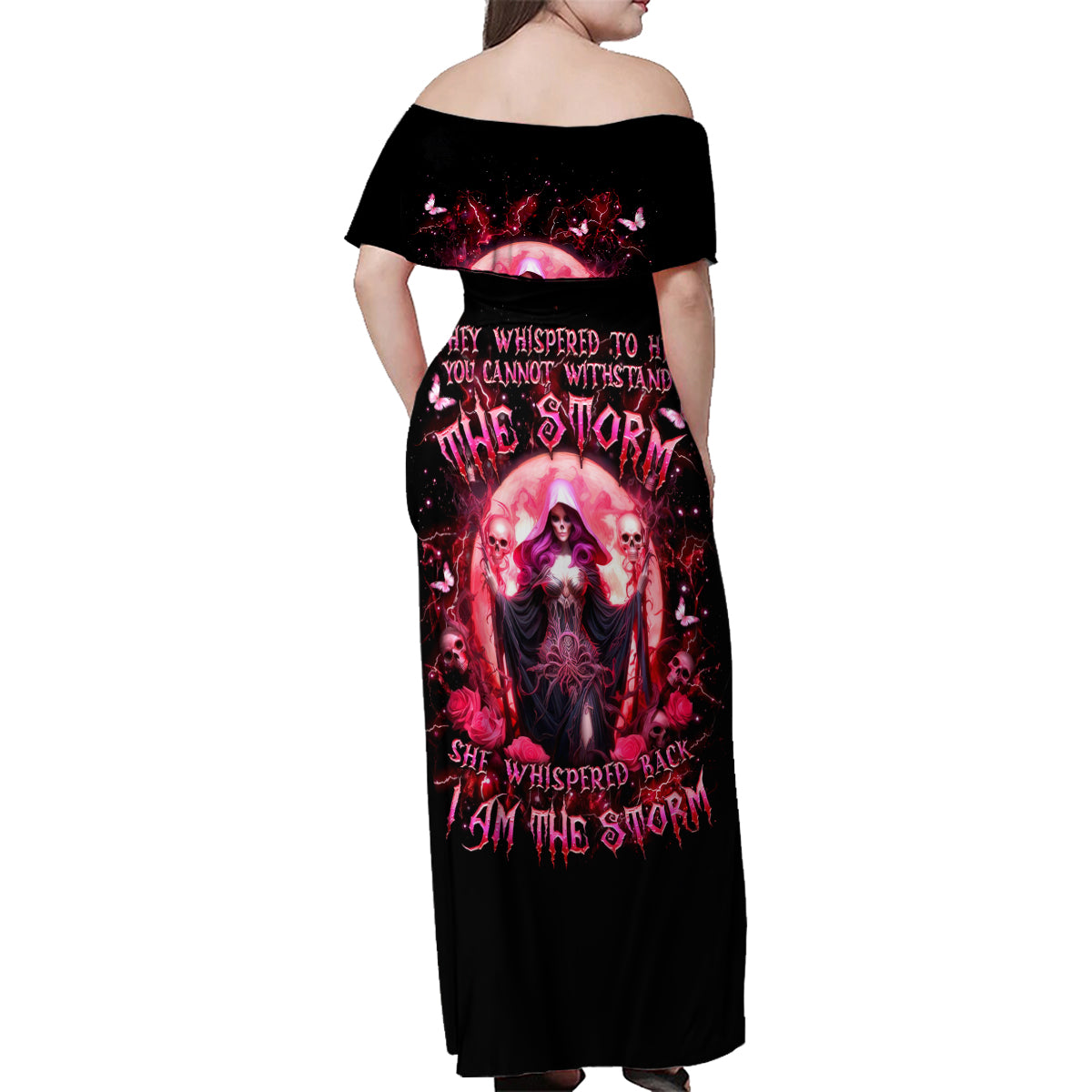 Witch Skull Family Matching Off Shoulder Maxi Dress and Hawaiian Shirt She Whispered Back Iam The Storm - Wonder Print Shop