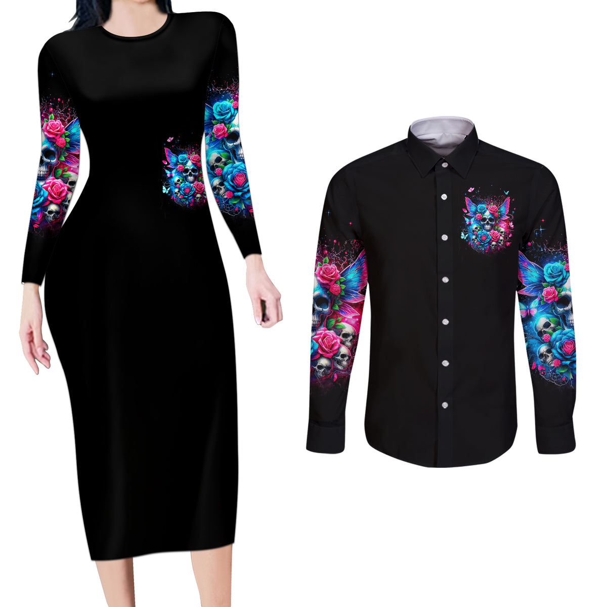 Fairy Skull Couples Matching Long Sleeve Bodycon Dress and Long Sleeve Button Shirt Let Karma Handle Their Fate - Wonder Print Shop