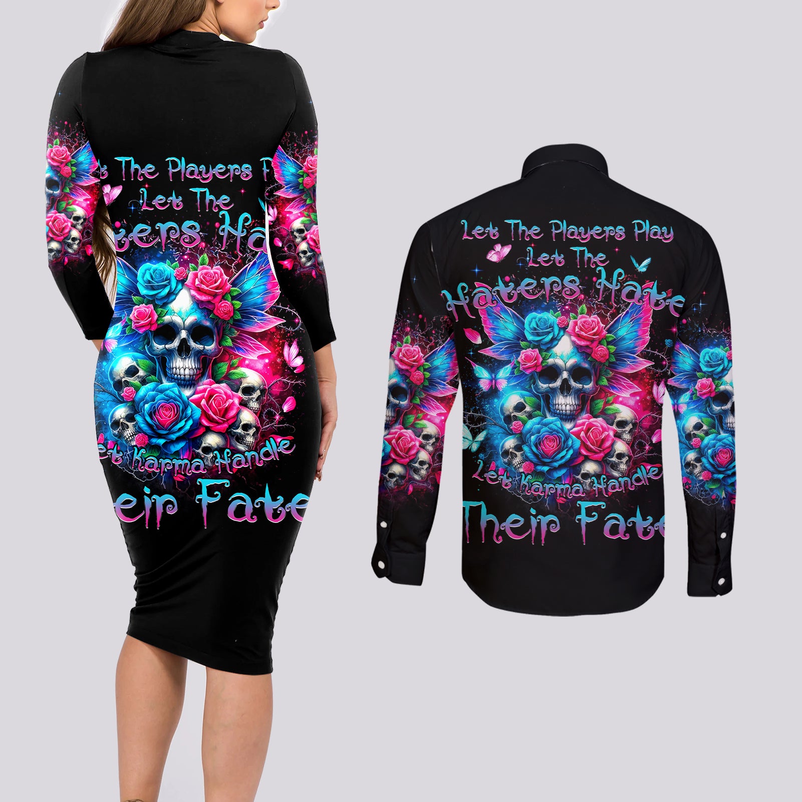 Fairy Skull Couples Matching Long Sleeve Bodycon Dress and Long Sleeve Button Shirt Let Karma Handle Their Fate - Wonder Print Shop