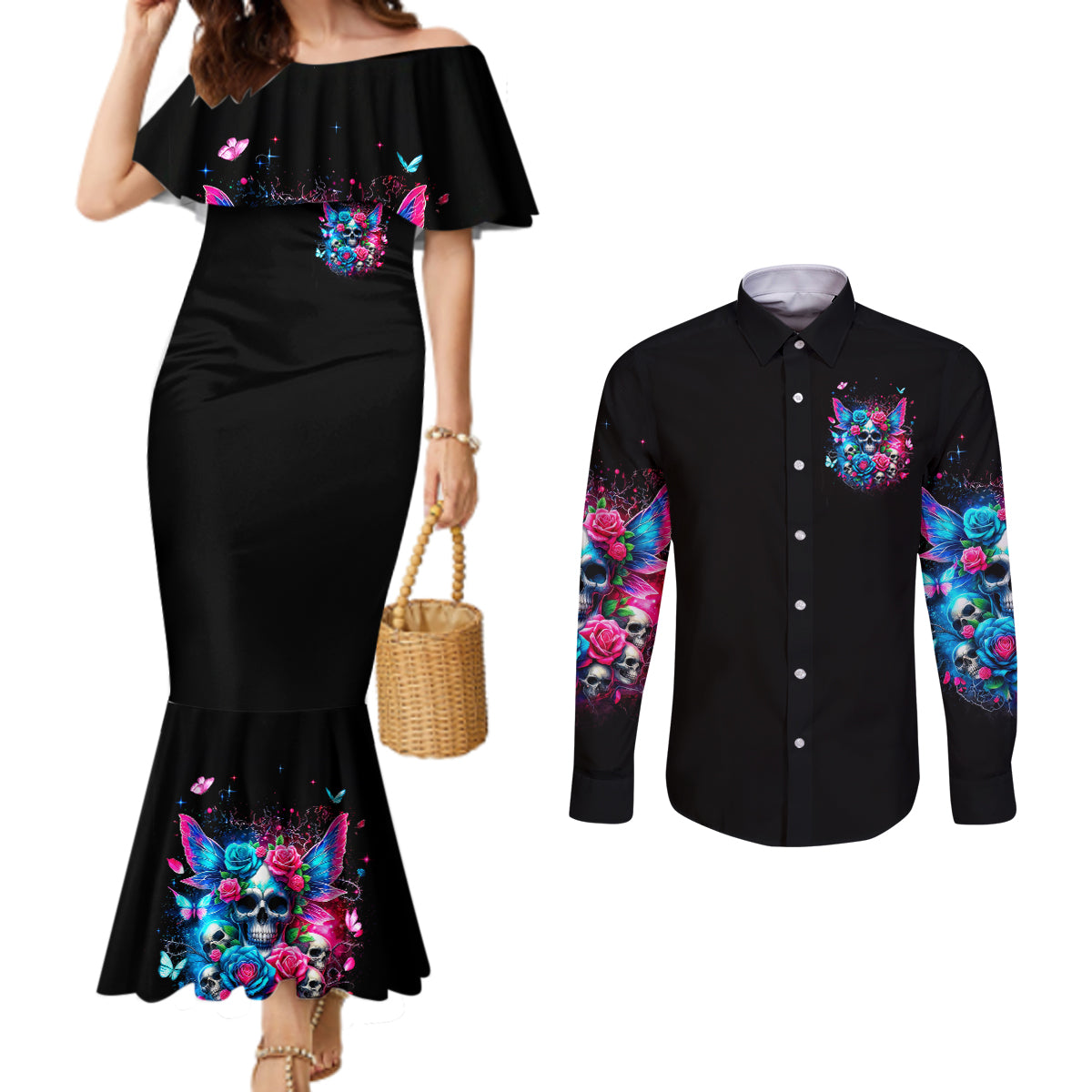 Fairy Skull Couples Matching Mermaid Dress and Long Sleeve Button Shirt Let Karma Handle Their Fate