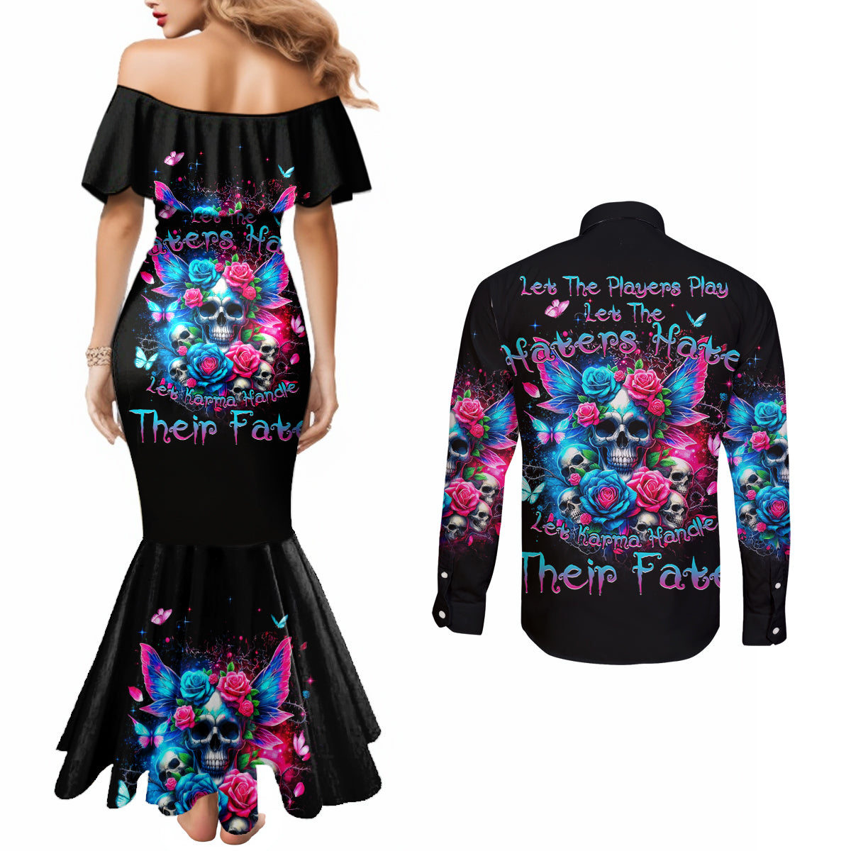 Fairy Skull Couples Matching Mermaid Dress and Long Sleeve Button Shirt Let Karma Handle Their Fate