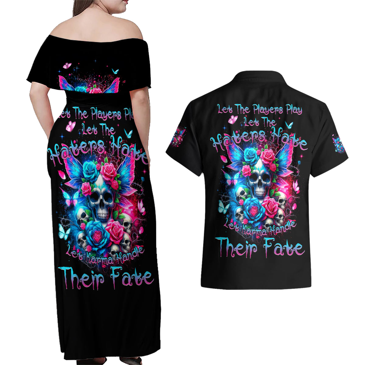 Fairy Skull Couples Matching Off Shoulder Maxi Dress and Hawaiian Shirt Let Karma Handle Their Fate - Wonder Print Shop