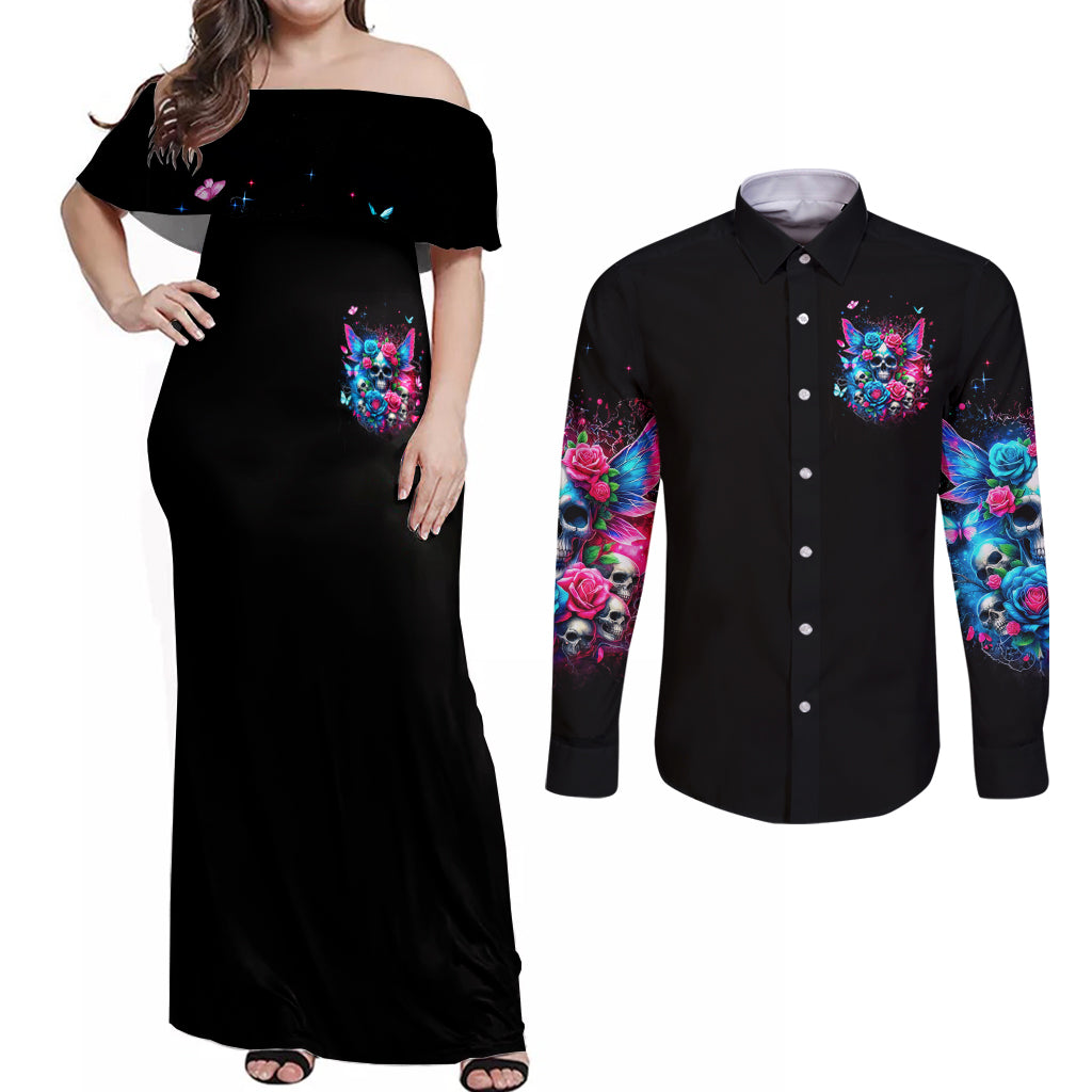 Fairy Skull Couples Matching Off Shoulder Maxi Dress and Long Sleeve Button Shirt Let Karma Handle Their Fate - Wonder Print Shop
