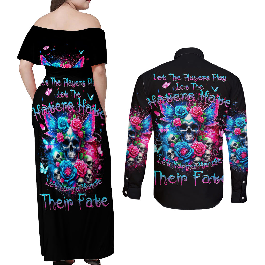 Fairy Skull Couples Matching Off Shoulder Maxi Dress and Long Sleeve Button Shirt Let Karma Handle Their Fate - Wonder Print Shop