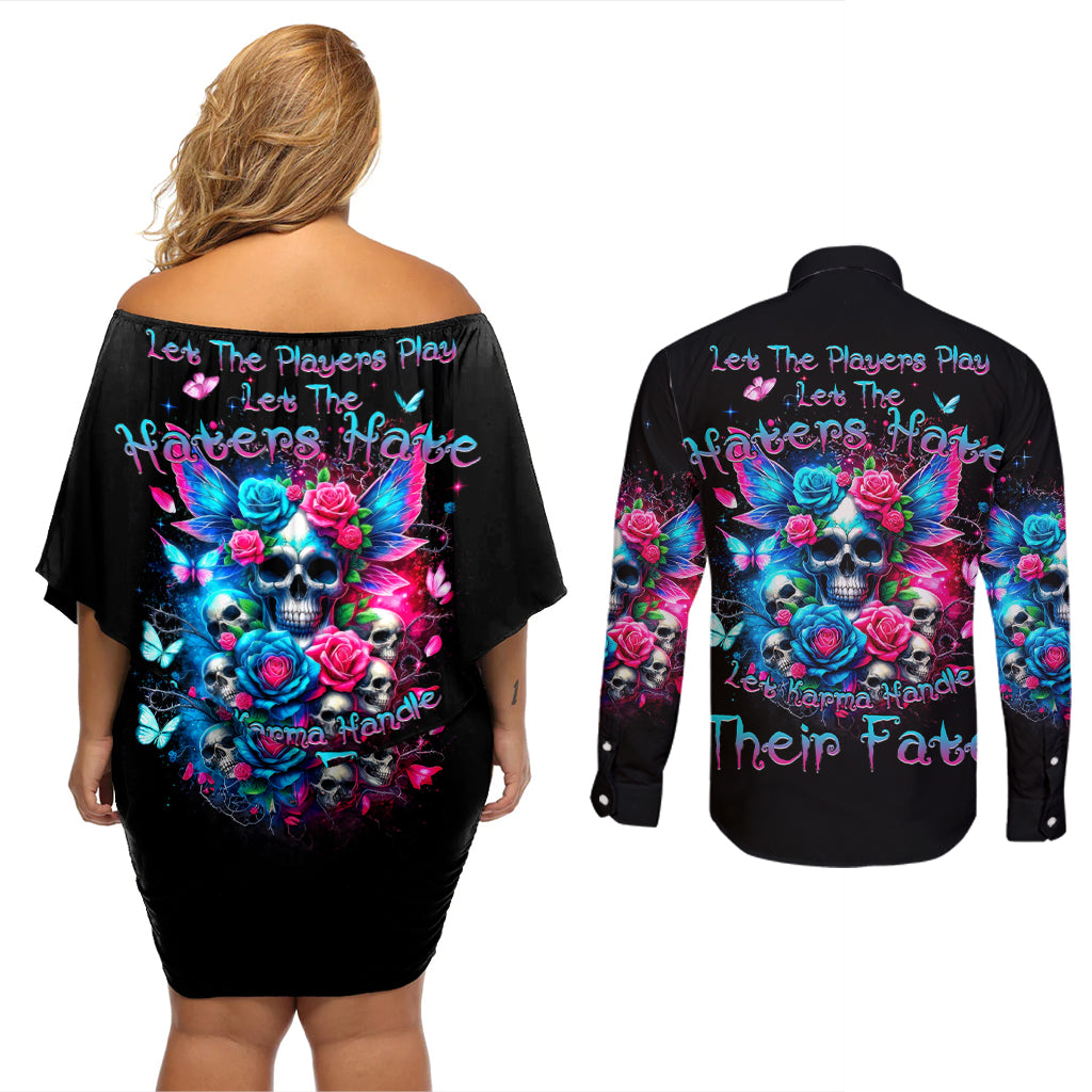 Fairy Skull Couples Matching Off Shoulder Short Dress and Long Sleeve Button Shirt Let Karma Handle Their Fate - Wonder Print Shop