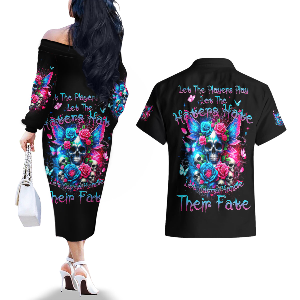 Fairy Skull Couples Matching Off The Shoulder Long Sleeve Dress and Hawaiian Shirt Let Karma Handle Their Fate - Wonder Print Shop