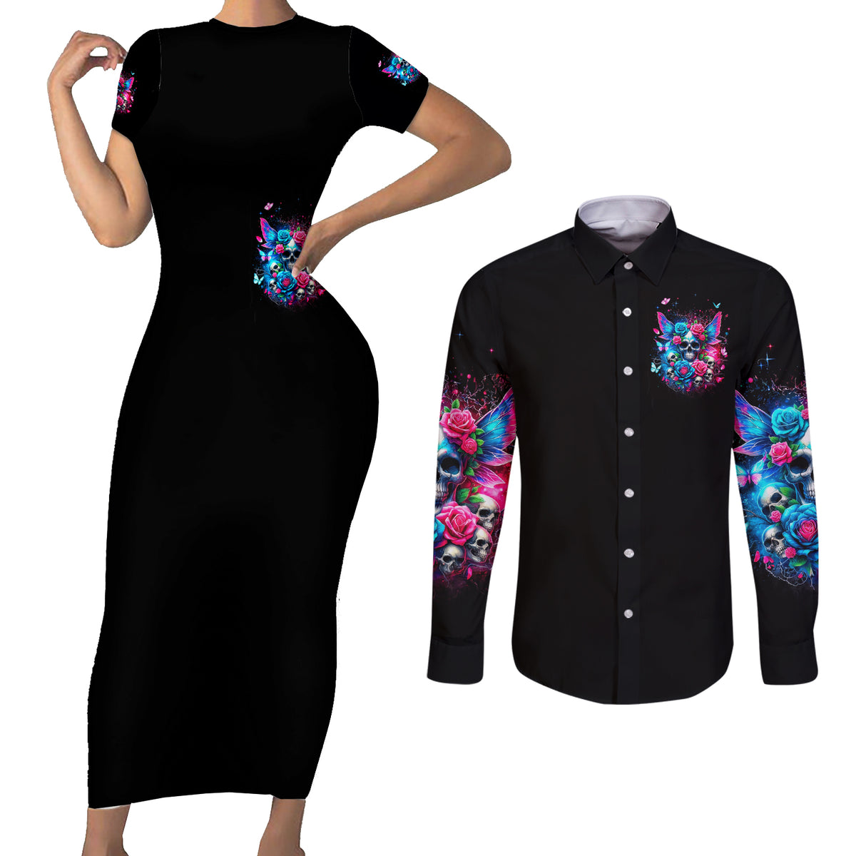 Fairy Skull Couples Matching Short Sleeve Bodycon Dress and Long Sleeve Button Shirt Let Karma Handle Their Fate - Wonder Print Shop
