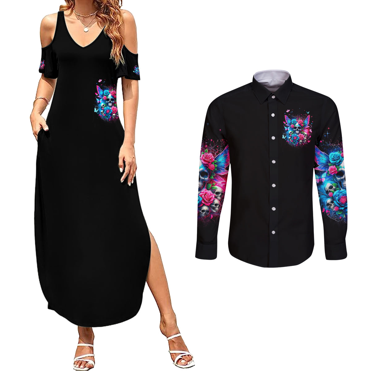 Fairy Skull Couples Matching Summer Maxi Dress and Long Sleeve Button Shirt Let Karma Handle Their Fate - Wonder Print Shop