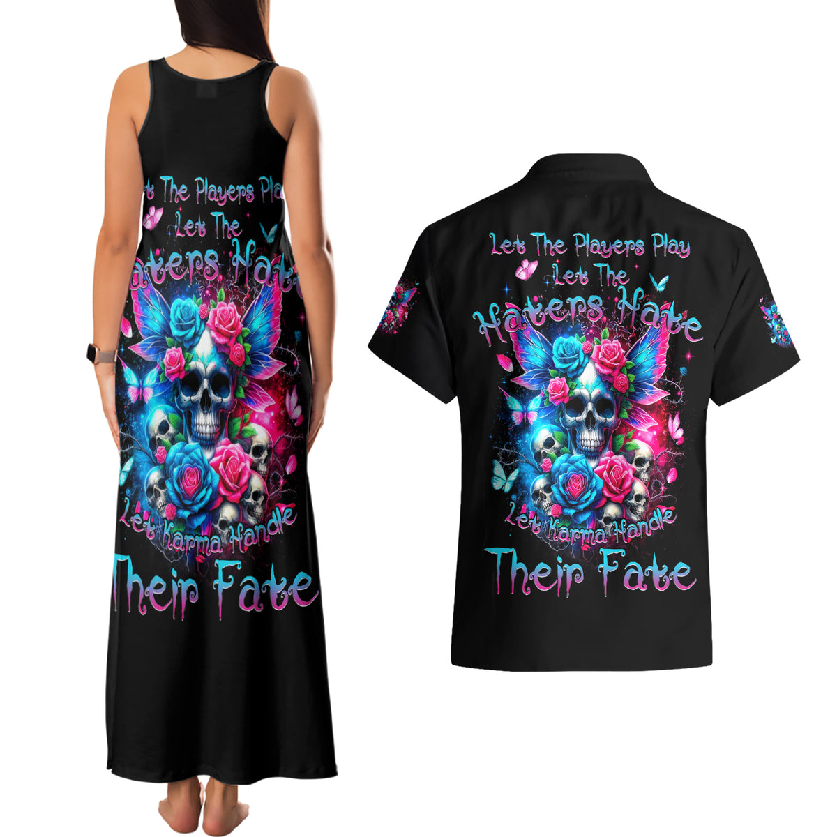 Fairy Skull Couples Matching Tank Maxi Dress and Hawaiian Shirt Let Karma Handle Their Fate - Wonder Print Shop