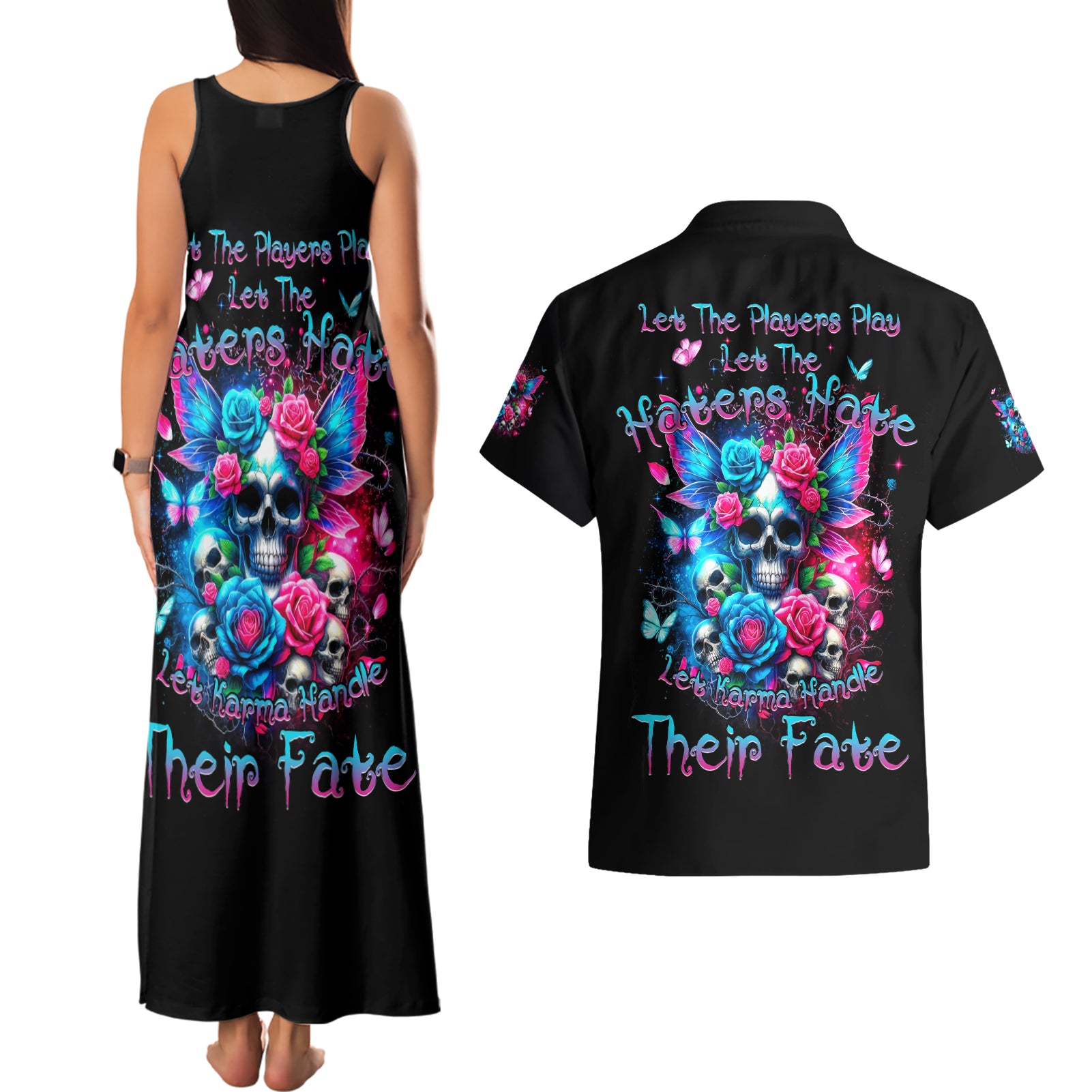 Fairy Skull Couples Matching Tank Maxi Dress and Hawaiian Shirt Let Karma Handle Their Fate - Wonder Print Shop