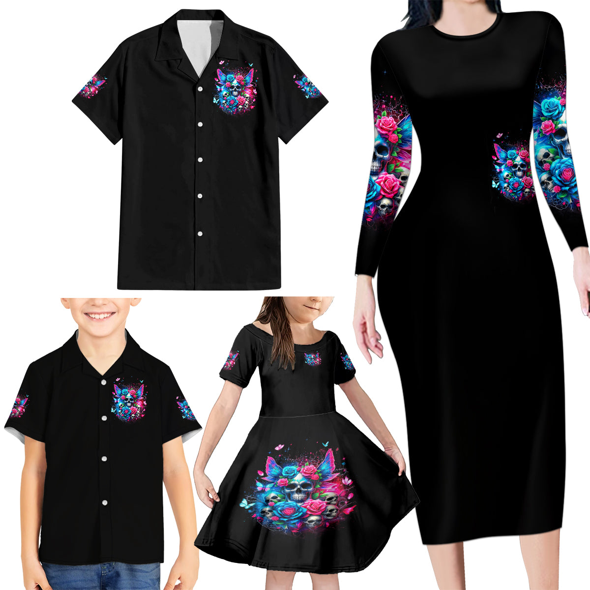 Fairy Skull Family Matching Long Sleeve Bodycon Dress and Hawaiian Shirt Let Karma Handle Their Fate - Wonder Print Shop