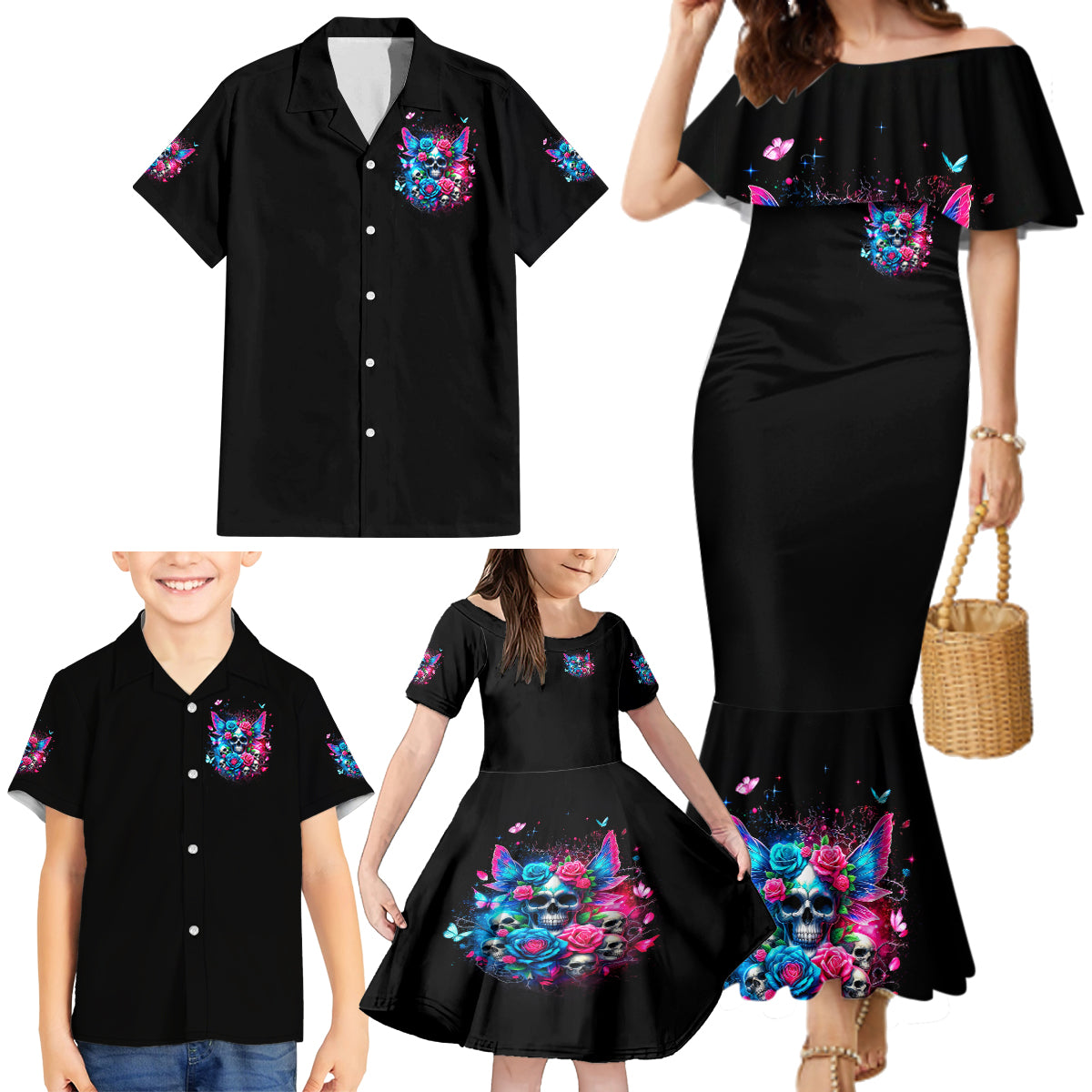 Fairy Skull Family Matching Mermaid Dress and Hawaiian Shirt Let Karma Handle Their Fate - Wonder Print Shop