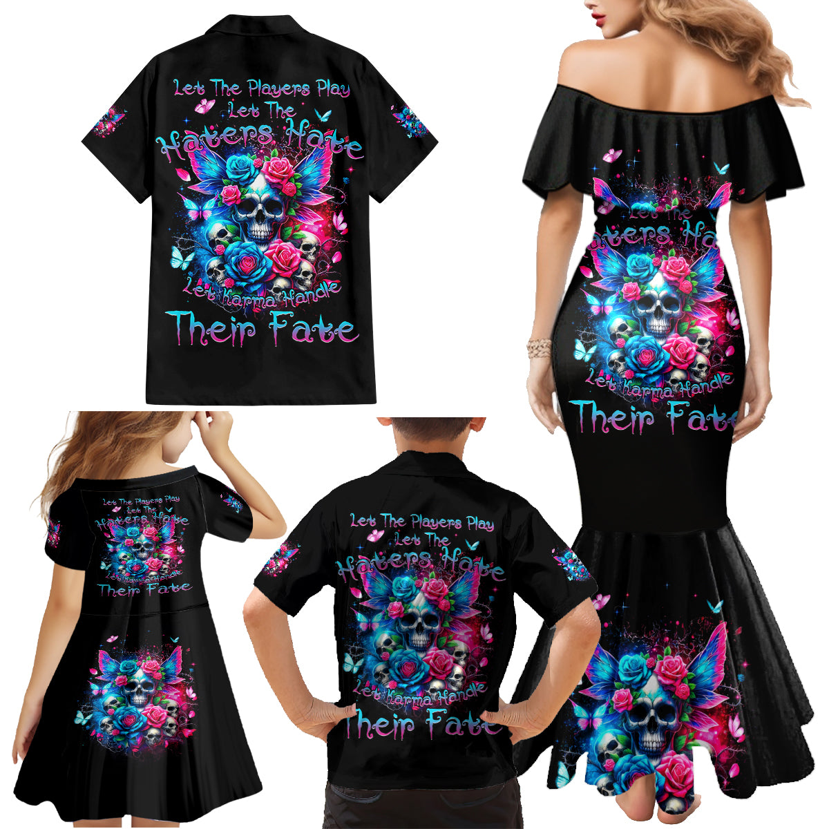Fairy Skull Family Matching Mermaid Dress and Hawaiian Shirt Let Karma Handle Their Fate - Wonder Print Shop