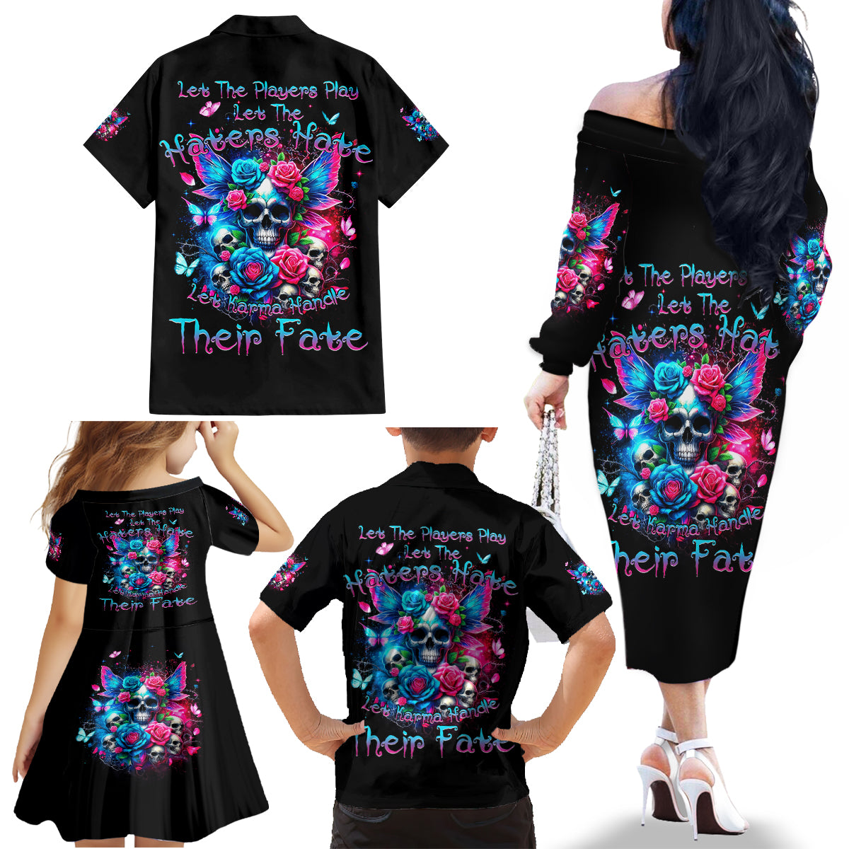 Fairy Skull Family Matching Off Shoulder Long Sleeve Dress and Hawaiian Shirt Let Karma Handle Their Fate - Wonder Print Shop