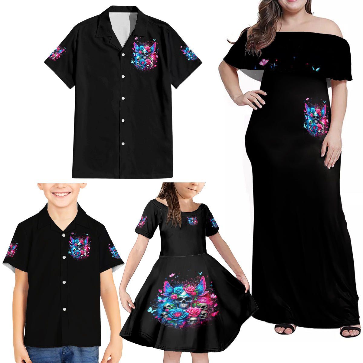 Fairy Skull Family Matching Off Shoulder Maxi Dress and Hawaiian Shirt Let Karma Handle Their Fate - Wonder Print Shop