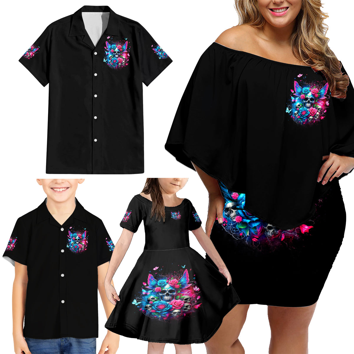 Fairy Skull Family Matching Off Shoulder Short Dress and Hawaiian Shirt Let Karma Handle Their Fate - Wonder Print Shop