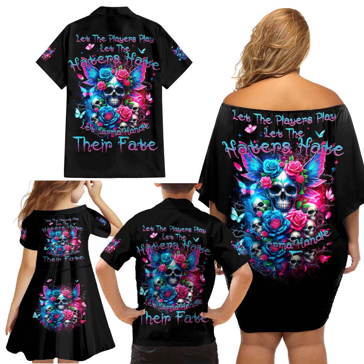 Fairy Skull Family Matching Off Shoulder Short Dress and Hawaiian Shirt Let Karma Handle Their Fate - Wonder Print Shop
