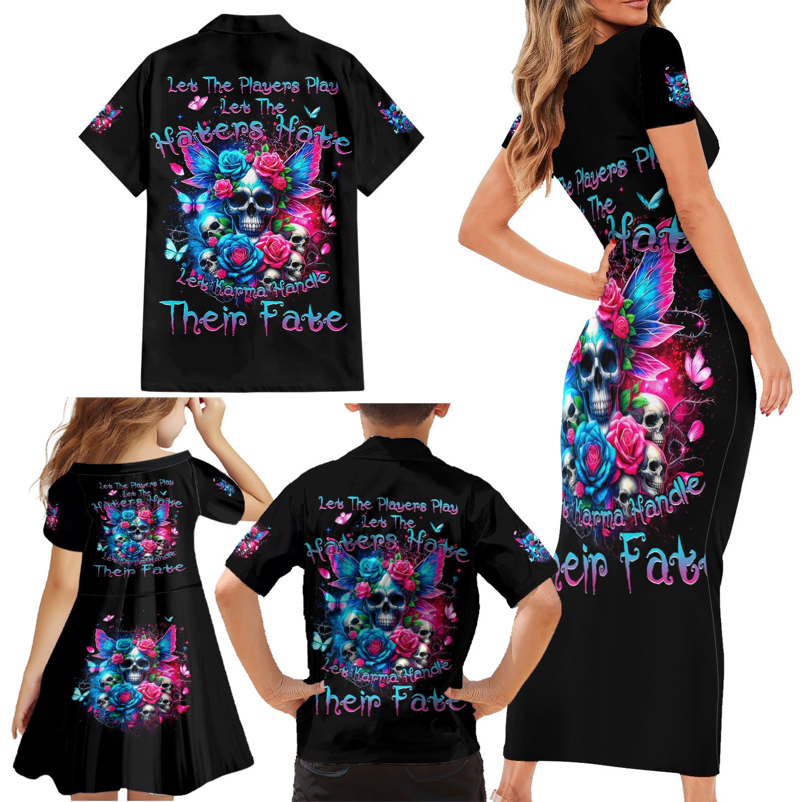Fairy Skull Family Matching Short Sleeve Bodycon Dress and Hawaiian Shirt Let Karma Handle Their Fate - Wonder Print Shop