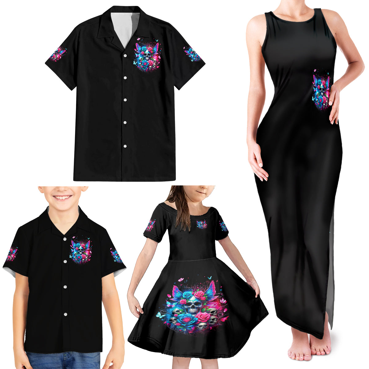 Fairy Skull Family Matching Tank Maxi Dress and Hawaiian Shirt Let Karma Handle Their Fate - Wonder Print Shop