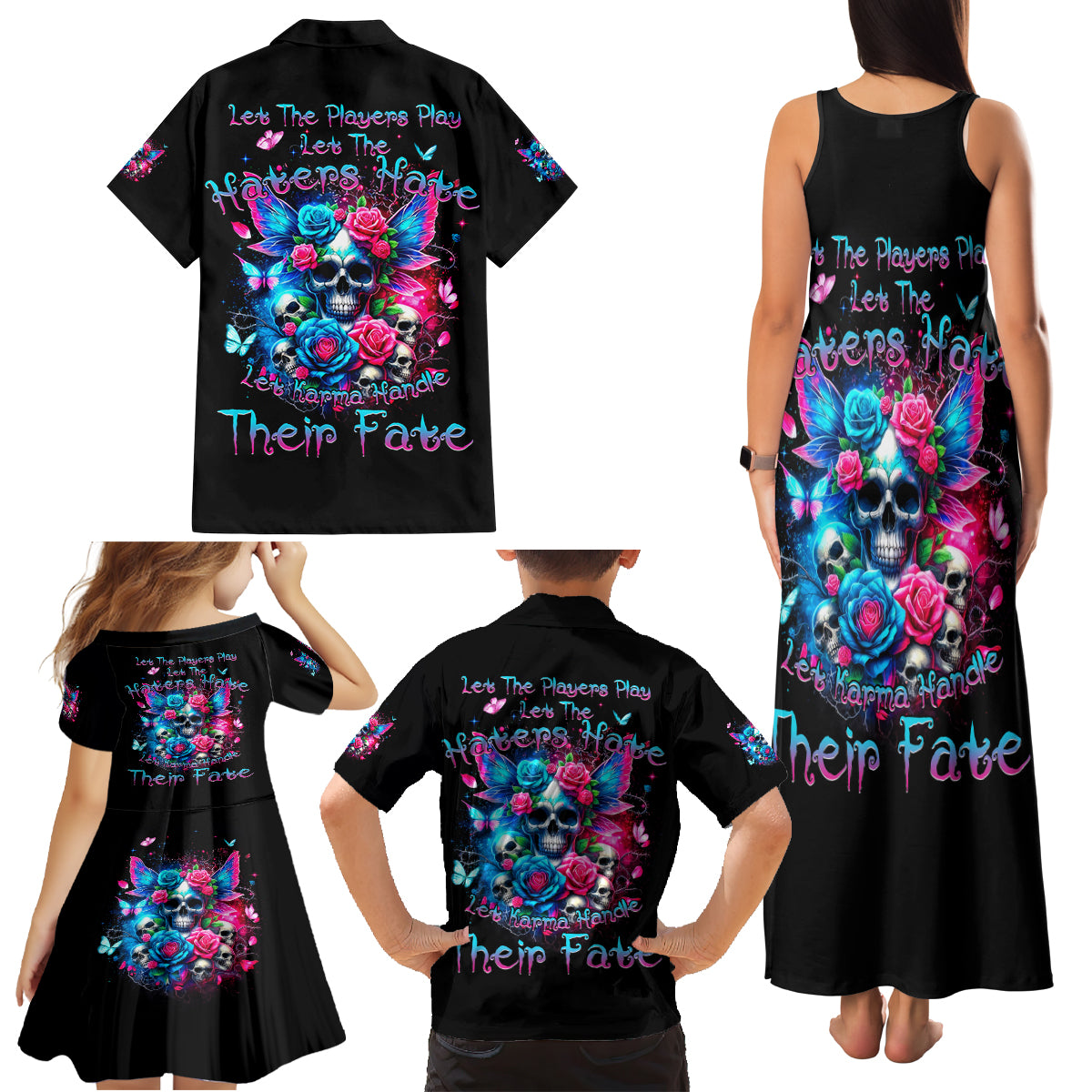 Fairy Skull Family Matching Tank Maxi Dress and Hawaiian Shirt Let Karma Handle Their Fate - Wonder Print Shop