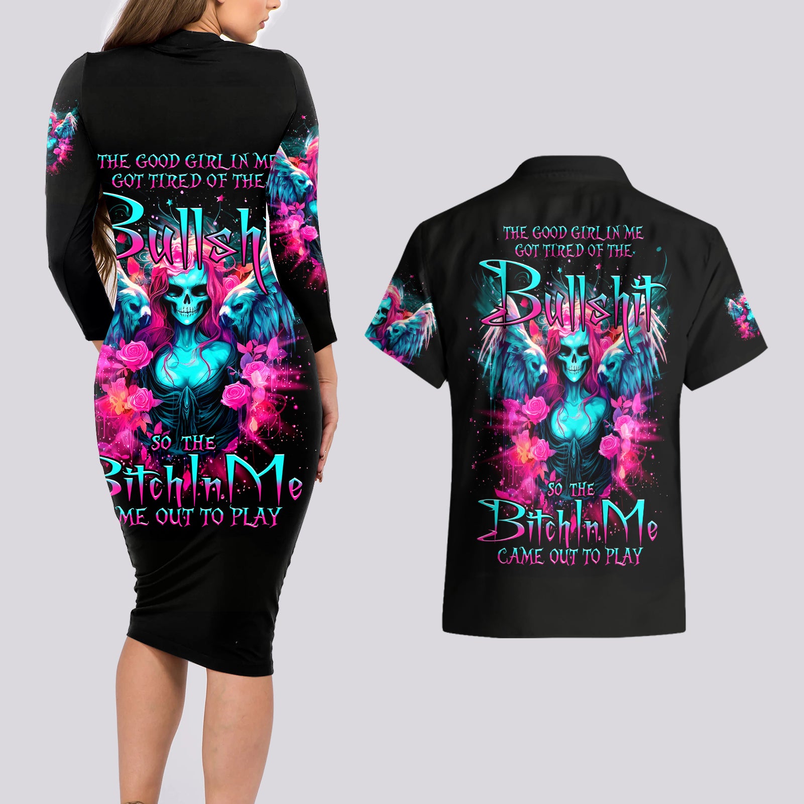 Witch Skull Couples Matching Long Sleeve Bodycon Dress and Hawaiian Shirt The Good Girl In Me Got Tired Of The Bullshit - Wonder Print Shop