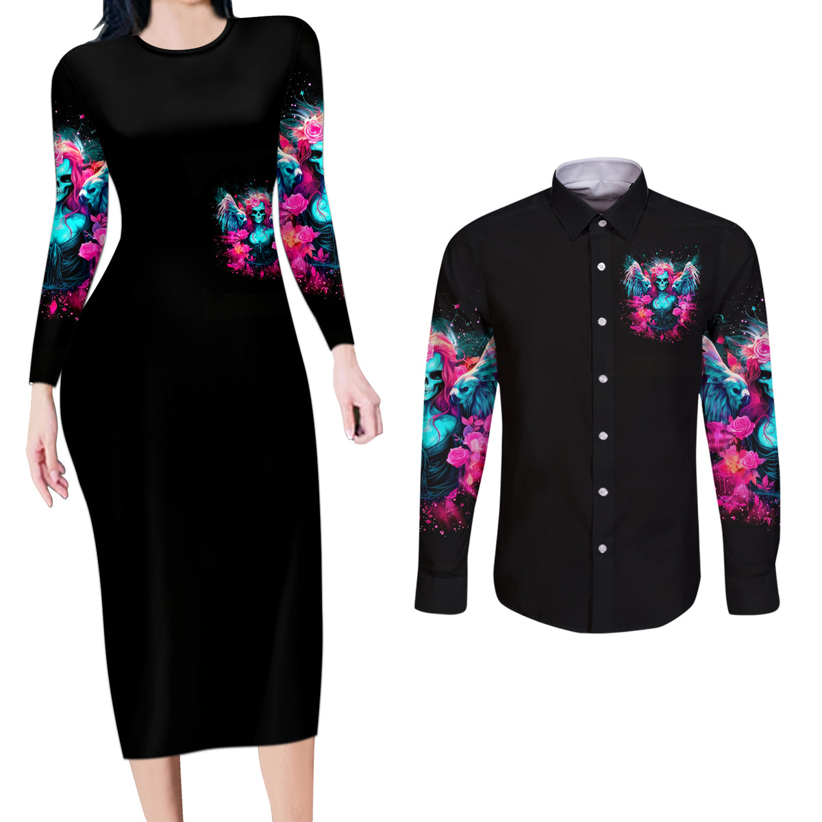 Witch Skull Couples Matching Long Sleeve Bodycon Dress and Long Sleeve Button Shirt The Good Girl In Me Got Tired Of The Bullshit - Wonder Print Shop