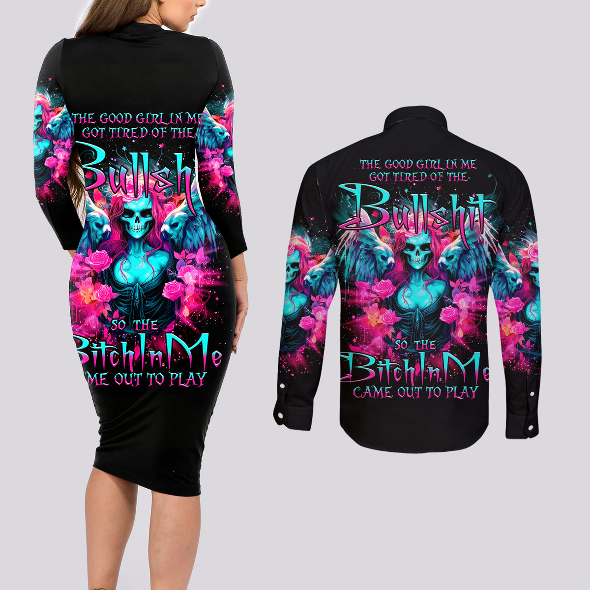 Witch Skull Couples Matching Long Sleeve Bodycon Dress and Long Sleeve Button Shirt The Good Girl In Me Got Tired Of The Bullshit - Wonder Print Shop