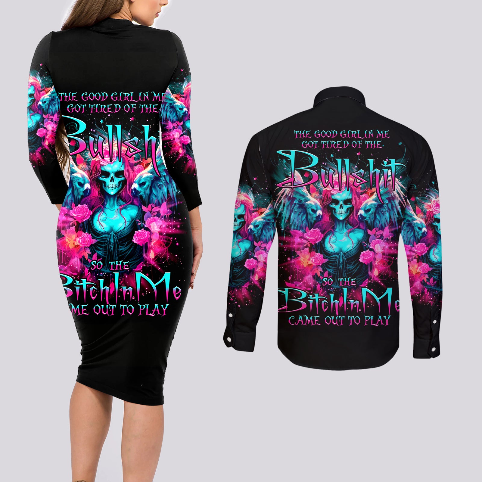 Witch Skull Couples Matching Long Sleeve Bodycon Dress and Long Sleeve Button Shirt The Good Girl In Me Got Tired Of The Bullshit - Wonder Print Shop